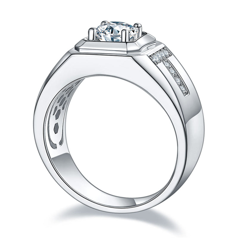 1CT Moissanite Men's Ring - Premium 925 Sterling Silver Wide Band Wedding Ring (White Gold Plated)