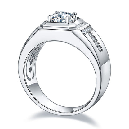 1CT Moissanite Men's Ring - Premium 925 Sterling Silver Wide Band Wedding Ring (White Gold Plated)
