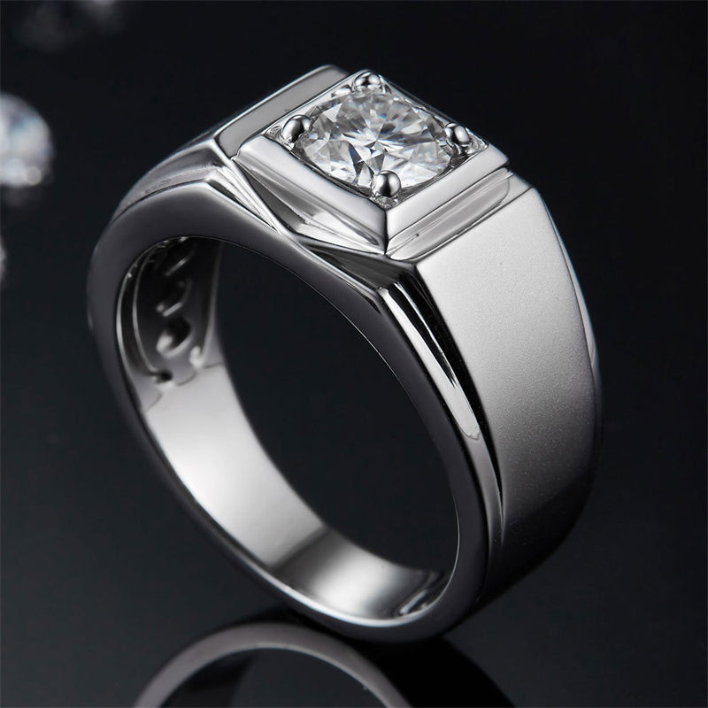 1CT Moissanite Men's Ring – 925 Sterling Silver Geometric Wedding Band for Men (White Gold Plated)