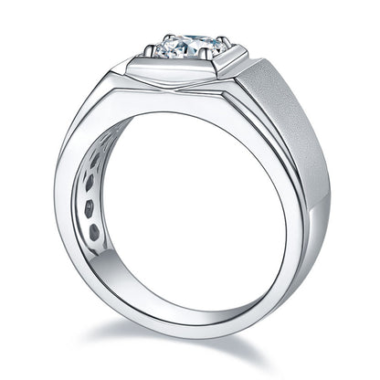 1CT Moissanite Men's Ring – 925 Sterling Silver Geometric Wedding Band for Men (White Gold Plated)