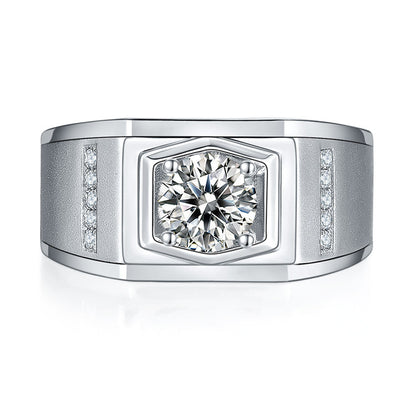1CT Moissanite Men's Wedding Ring - 925 Sterling Silver Wide Band in White Gold Plated Finish