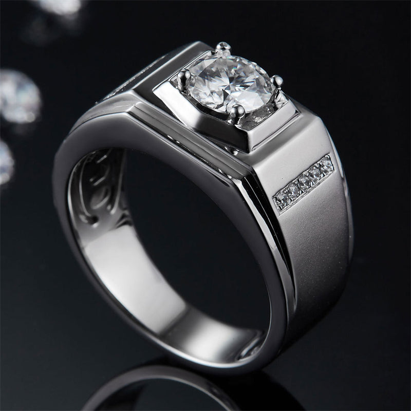 1CT Moissanite Men's Wedding Ring - 925 Sterling Silver Wide Band in White Gold Plated Finish