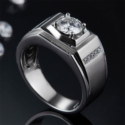1CT Moissanite Men's Wedding Ring - 925 Sterling Silver Wide Band in White Gold Plated Finish