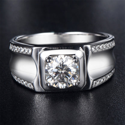 1 Carat D Color Moissanite Men's Ring - 925 Sterling Silver Grid Pattern Statement Jewelry