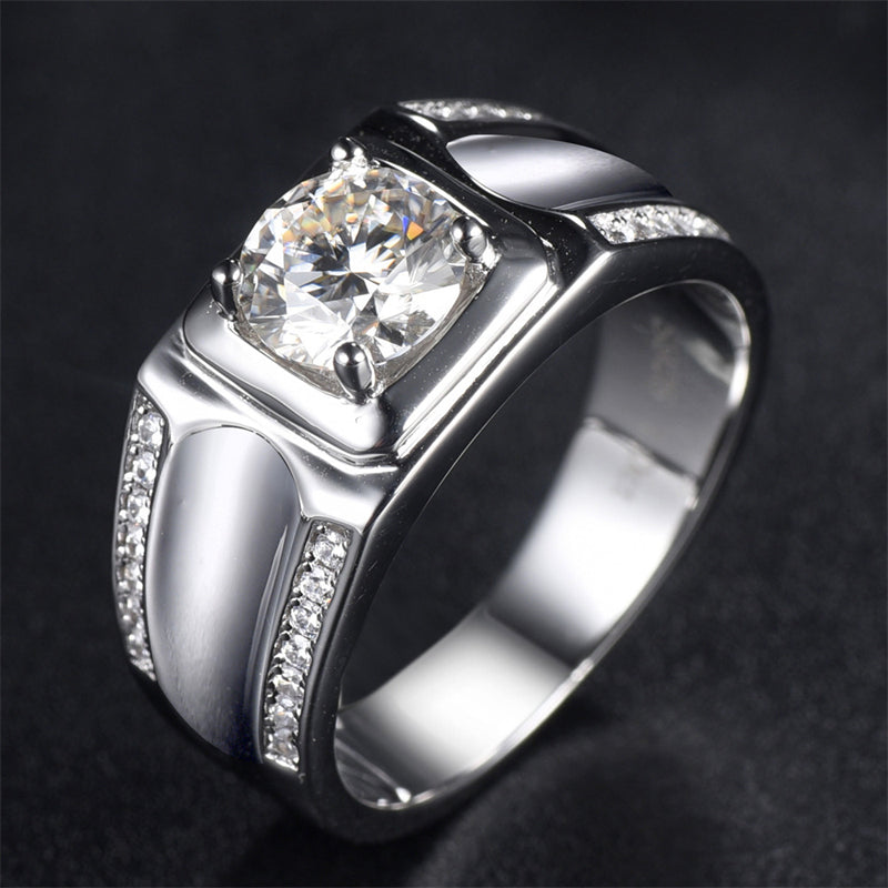 1 Carat D Color Moissanite Men's Ring - 925 Sterling Silver Grid Pattern Statement Jewelry