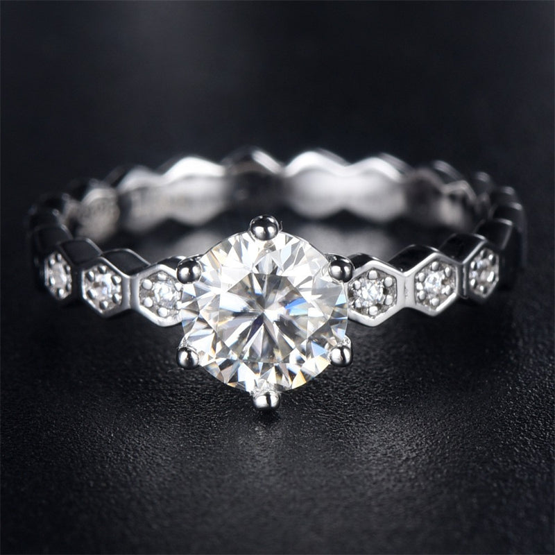 1 Carat Moissanite Hexagon Halo Ring - 925 Sterling Silver Six-Prong Engagement Jewelry