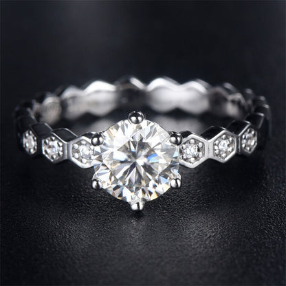 1 Carat Moissanite Hexagon Halo Ring - 925 Sterling Silver Six-Prong Engagement Jewelry