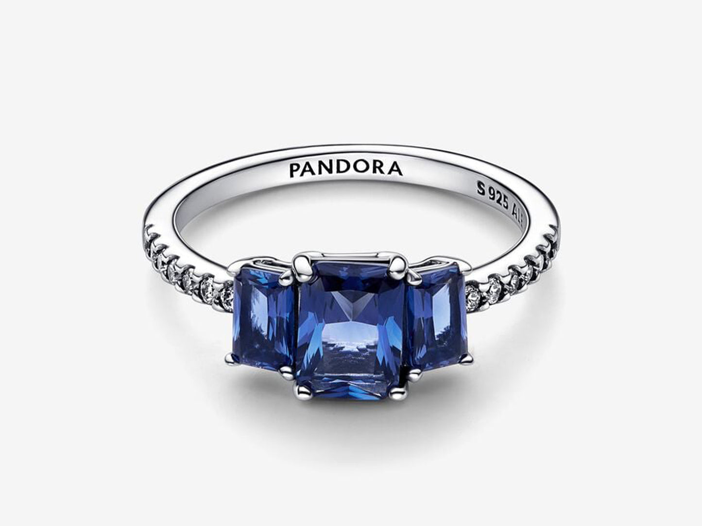 Blue Rectangular Three Stone Sparkling Ring