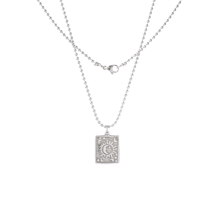 Buddha bead chain with square pendant of sun and moon