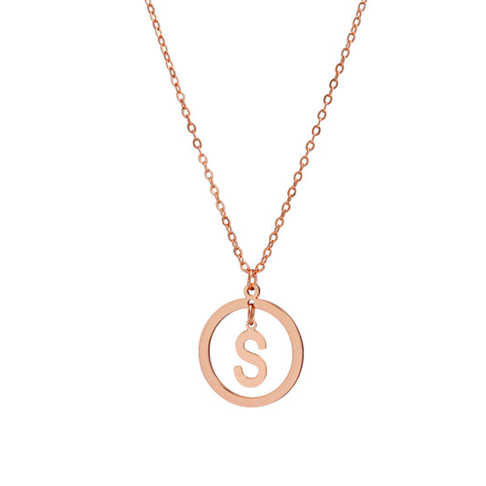Rose Gold Stainless Steel O-Chain Necklace with Circular and Letter Pendant