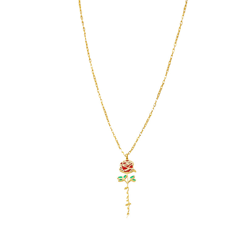 Stainless Steel O-Chain Necklace with Enamel Rose Pendant