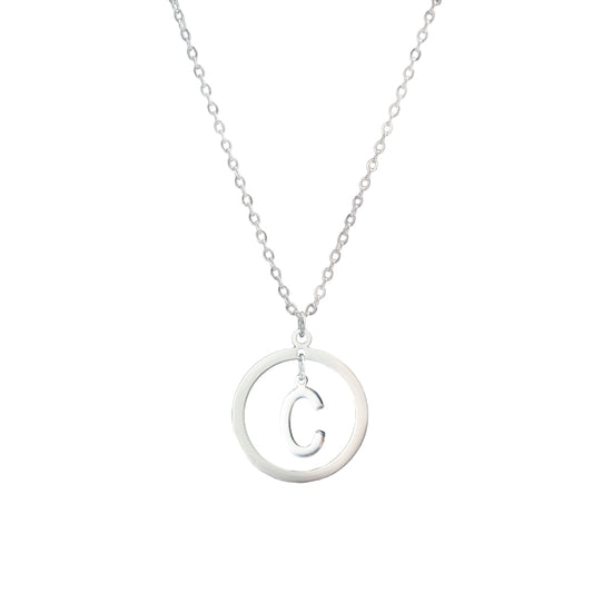 Silver Stainless Steel O-Chain Necklace with Circular and Letter Pendant