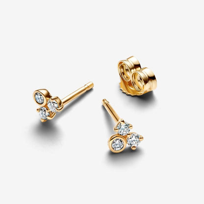 Gold Triple Diamond Stud Earrings