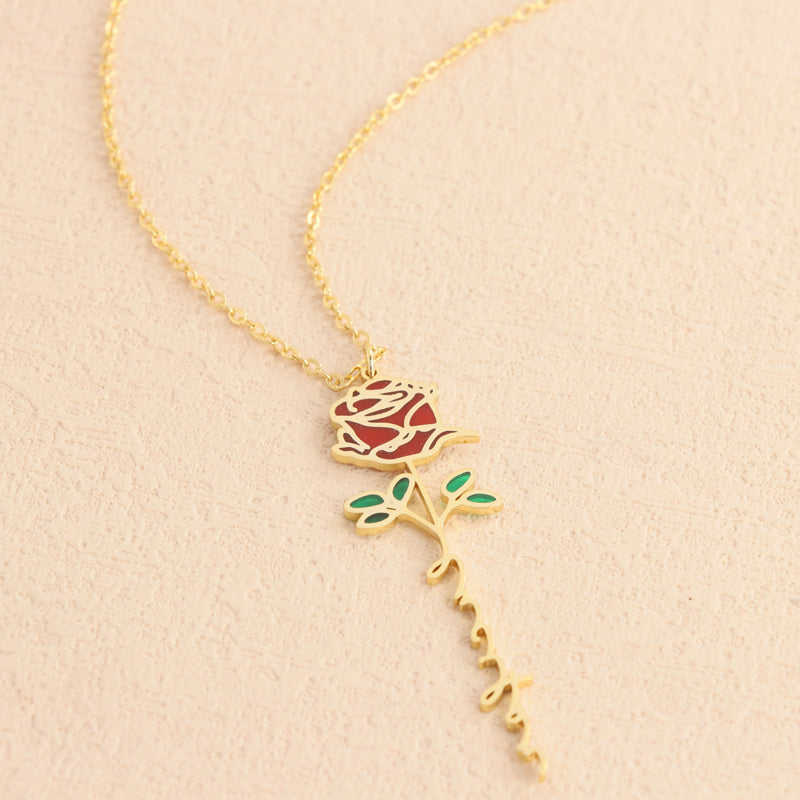 Stainless Steel O-Chain Necklace with Enamel Rose Pendant