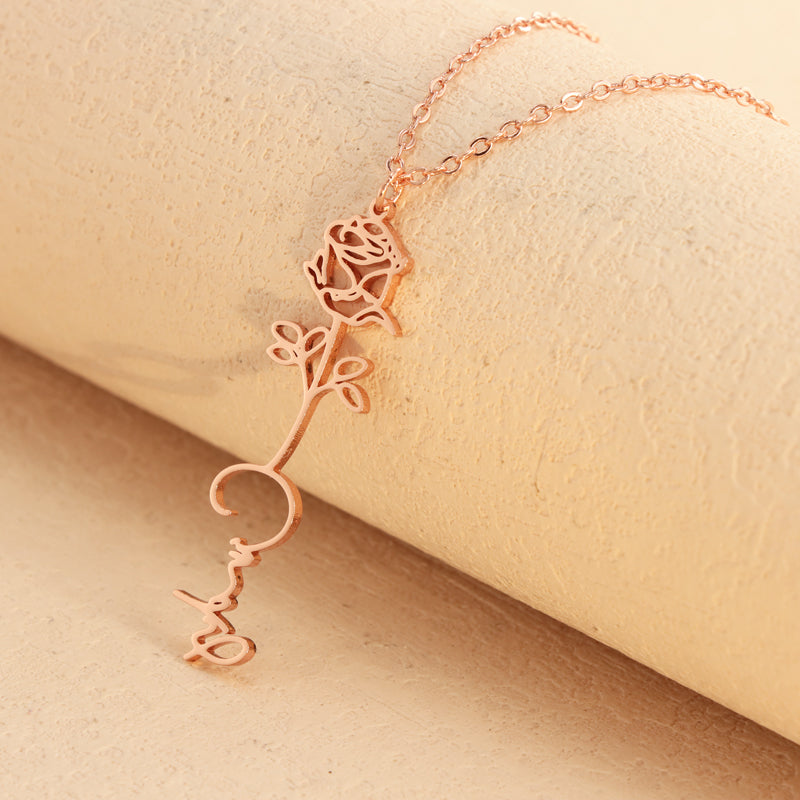 Stainless Steel O-Chain Necklace with Rose Pendant