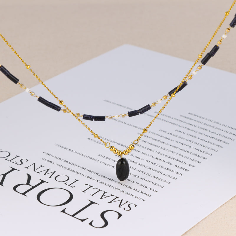 Layered Shawl Chain Necklace with Rice Beads and Gemstone Pendant