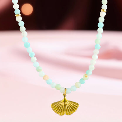Stainless Steel Beads Necklace with Natural Stone Beads and Ginkgo Leaf Embellishment