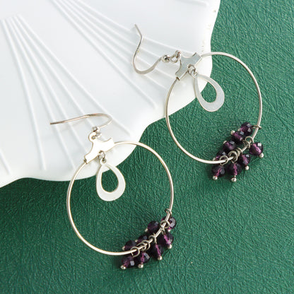 Silver Geometric Earrings with Purple Beads
