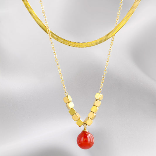 Serpentine Bone Necklace with Round Pendant and Square Beads