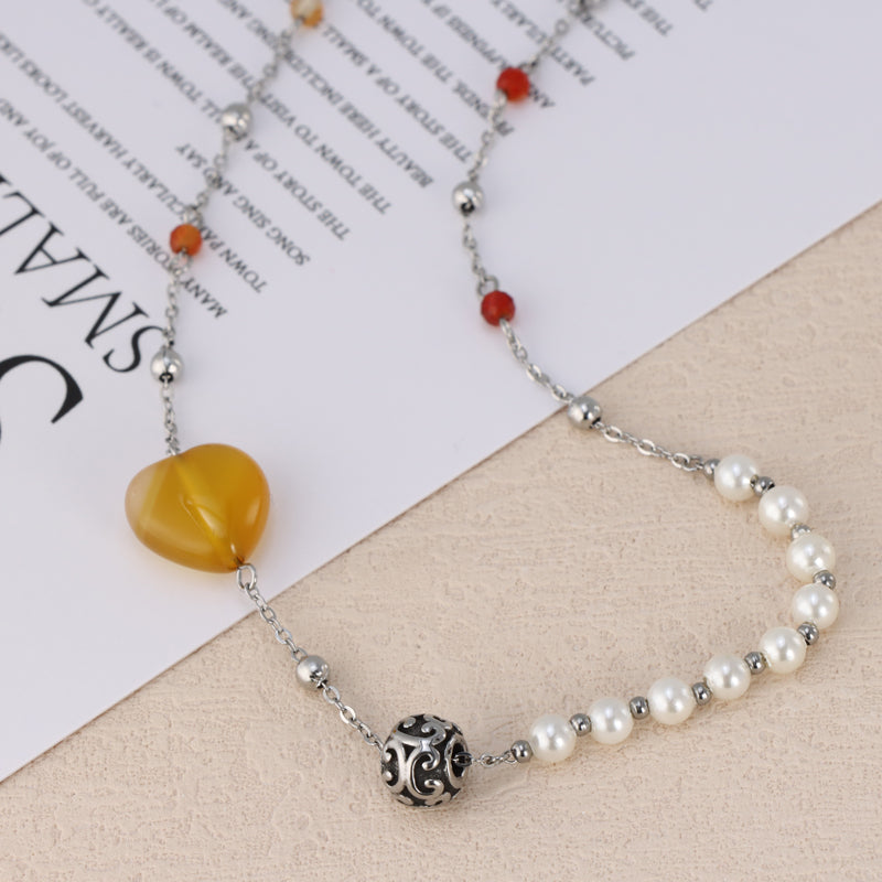 Natural Stone and Pearl O-Chain Necklace with Heart-Shaped Pendant