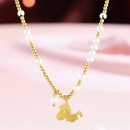 Stylish O-chain Necklace with Horse Pendant Pearls and Metal Beads