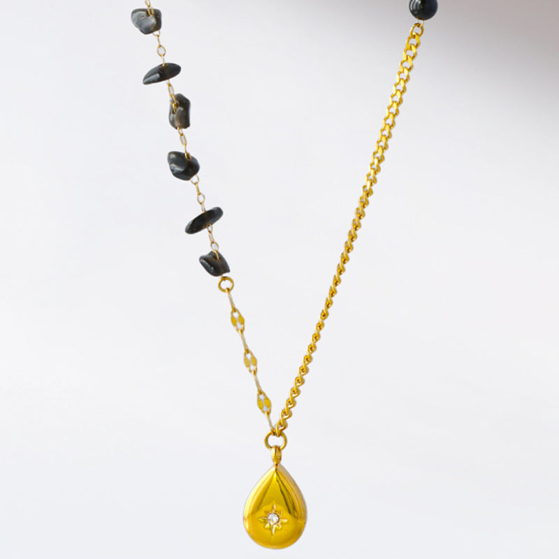 Stainless steel natural stone necklace with droplet shaped pendant