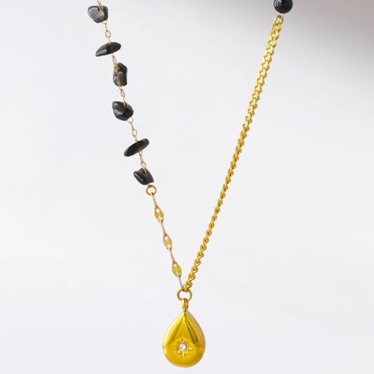 Stainless steel natural stone necklace with droplet shaped pendant