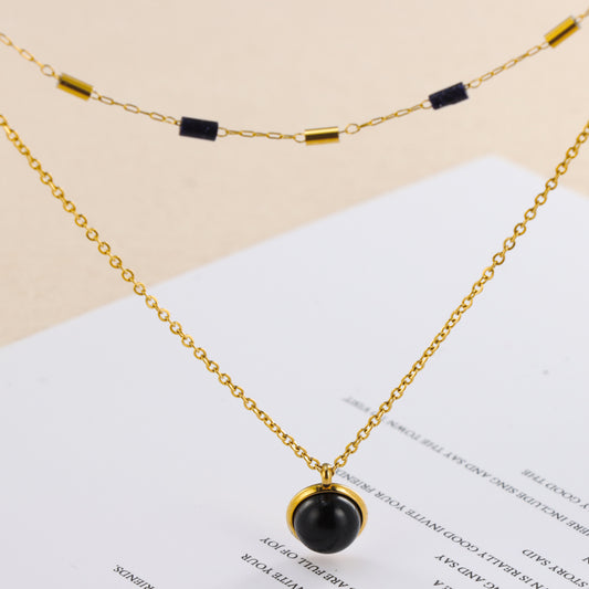 Multi-Layered Shawl Chain with Rice Beads and Natural Stone Pendant