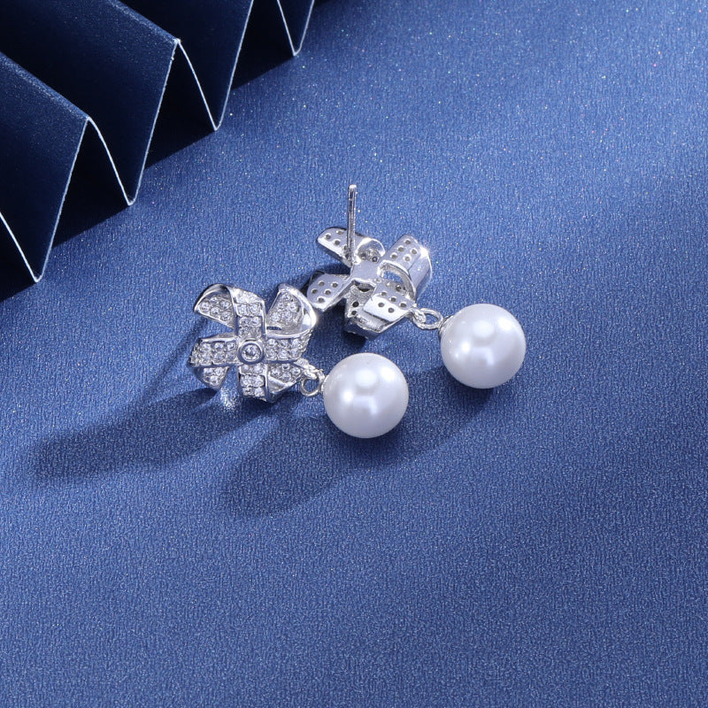 925 Sterling Silver Windmill Drop Earrings - White Gold Plated Geometric Dangle Earrings for Women