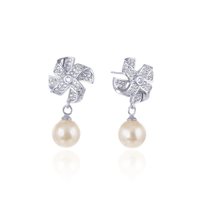 925 Sterling Silver Windmill Drop Earrings - White Gold Plated Geometric Dangle Earrings for Women