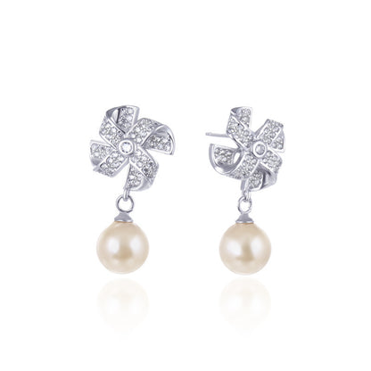925 Sterling Silver Windmill Drop Earrings - White Gold Plated Geometric Dangle Earrings for Women