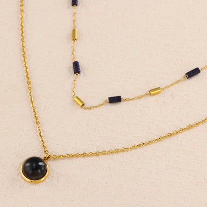 Multi-Layered Shawl Chain with Rice Beads and Natural Stone Pendant