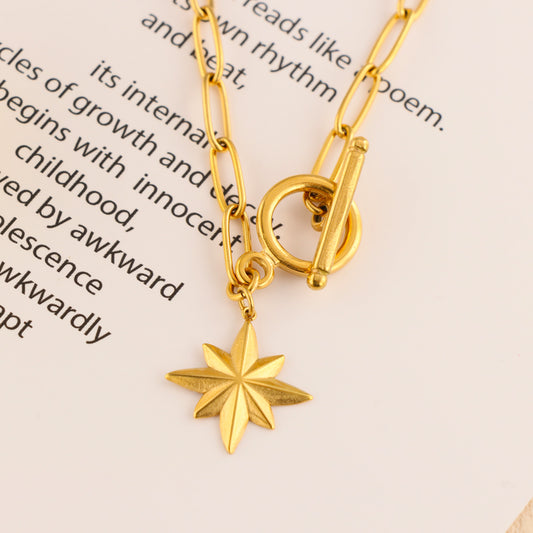 Gold Stainless Steel Cross Chain Necklace with Octagram Pendant