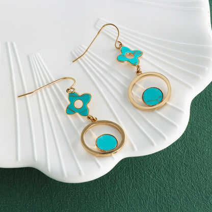Blue Four-leaf Clover and Circle Earrings