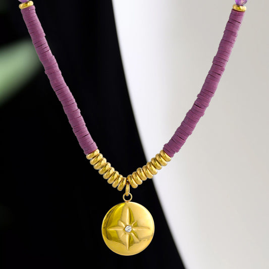 Eight-pointed Star Pendant Necklace with Purple Stone and Soft Pottery Beads