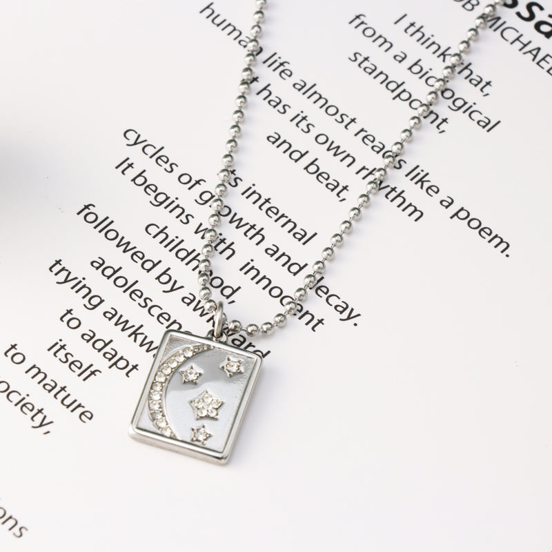 Stainless Steel Buddha Bead Necklace with Geometric Moon and Star Pendant