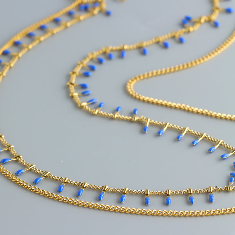 Blue Stainless Steel Chopin Necklace with Droplet Beads