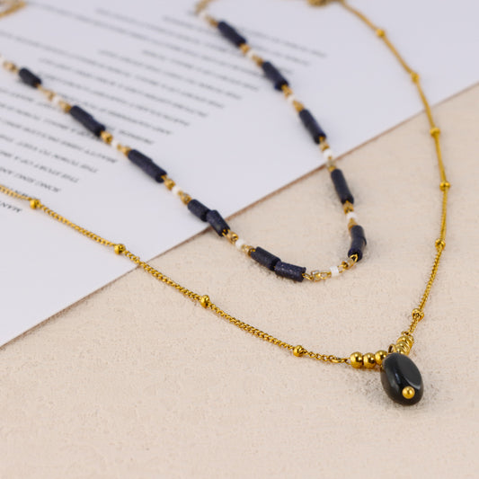 Layered Shawl Chain Necklace with Rice Beads and Gemstone Pendant