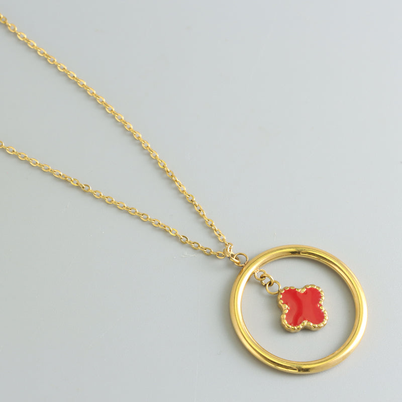 Exquisite Gold Stainless Steel O-Chain Necklace with Red Four-Leaf Clover Pendant