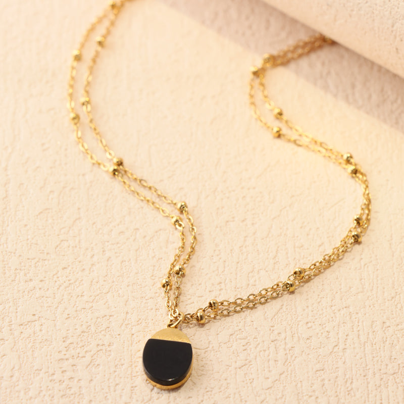 Gold Stainless Steel O-Chain Necklace with Black Beaded Pendant