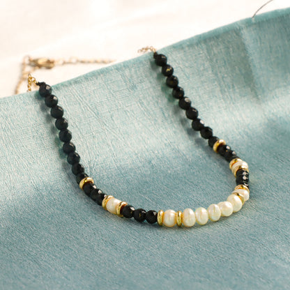 Copper O-Chain Necklace with Black Natural Stone and Pearl Beads