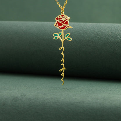 Stainless Steel O-Chain Necklace with Enamel Rose Pendant