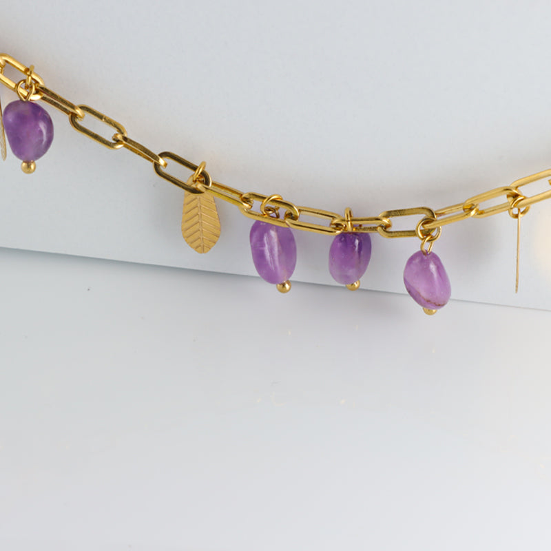 Boho Chic Stone Bracelet with Leaf Pendant