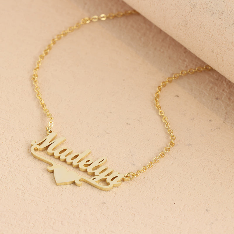 Gold Stainless Steel O-Chain Necklace with Letter and Heart Pendant