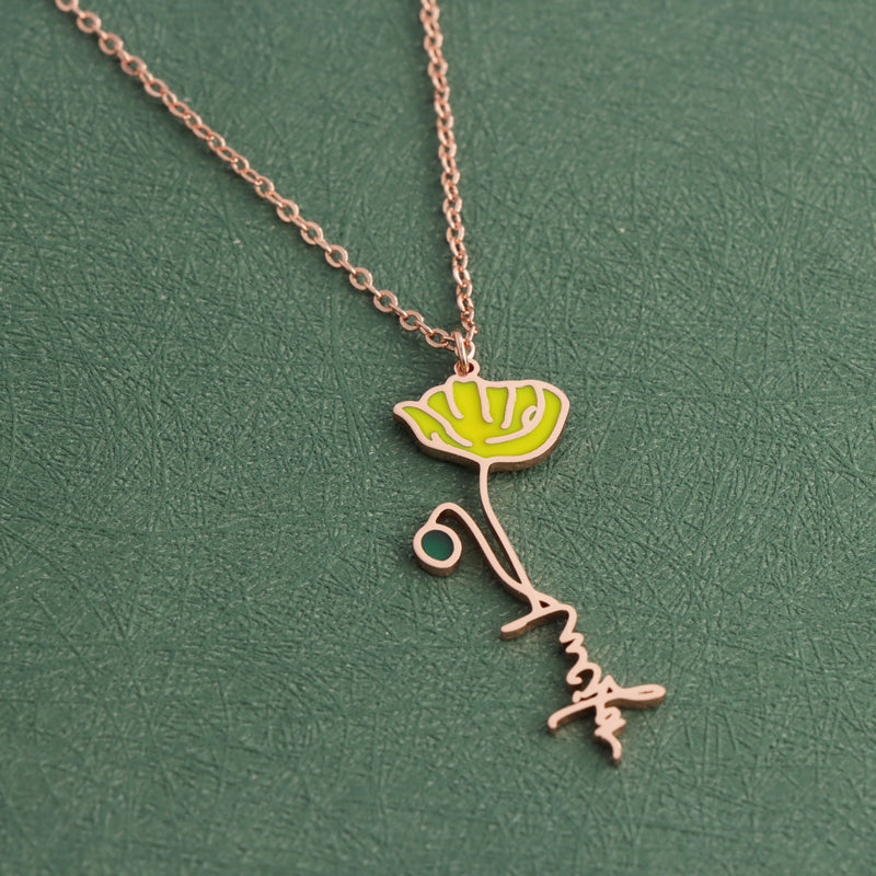 Rose Gold Stainless Steel O-Chain Necklace with Enamel Flower Pendant