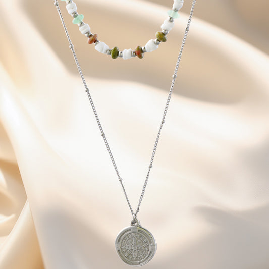 Bohemian Stainless Steel and Natural Stone Shamballa Necklace