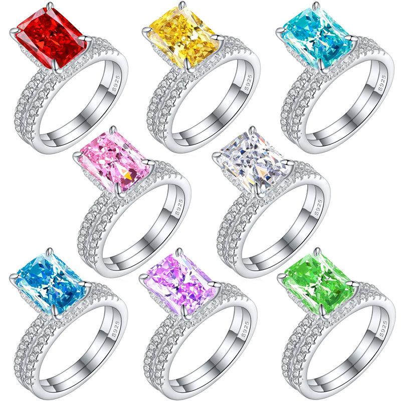 4ct Square Gemstone 925 Silver Stackable Ring Set - Luxe Flame & Ice-Cut European Style Band Collection