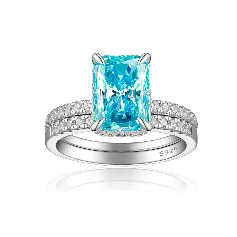 4ct Square Gemstone 925 Silver Stackable Ring Set - Luxe Flame & Ice-Cut European Style Band Collection