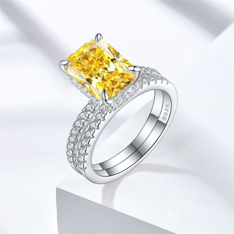 4ct Square Gemstone 925 Silver Stackable Ring Set - Luxe Flame & Ice-Cut European Style Band Collection