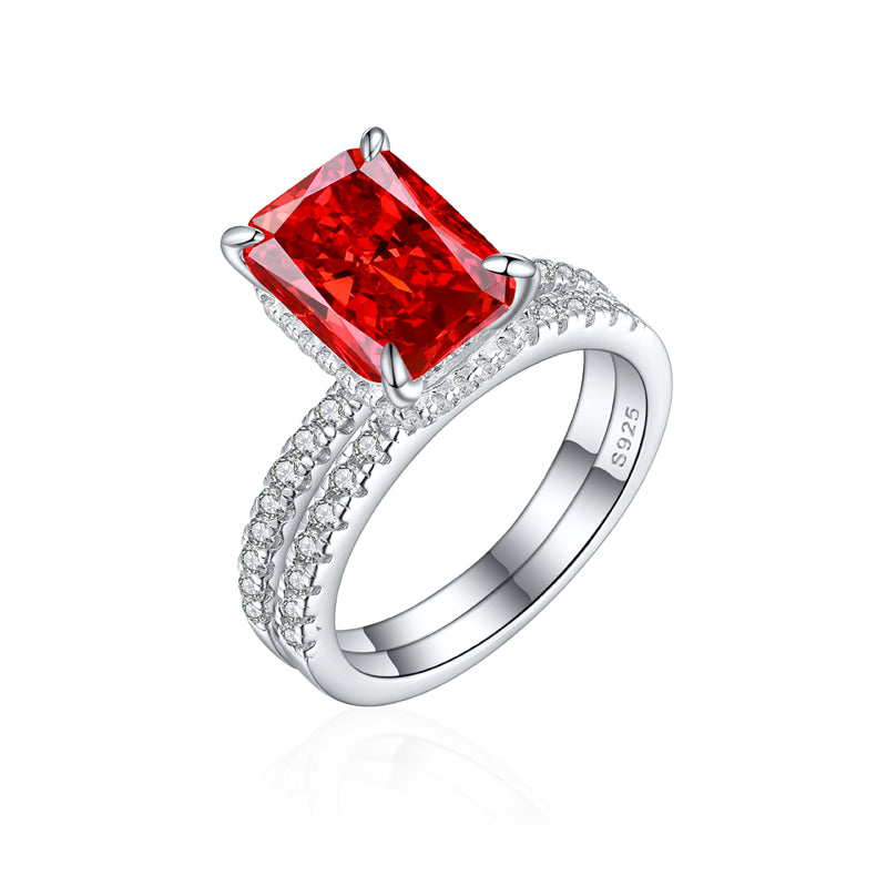 4ct Square Gemstone 925 Silver Stackable Ring Set - Luxe Flame & Ice-Cut European Style Band Collection